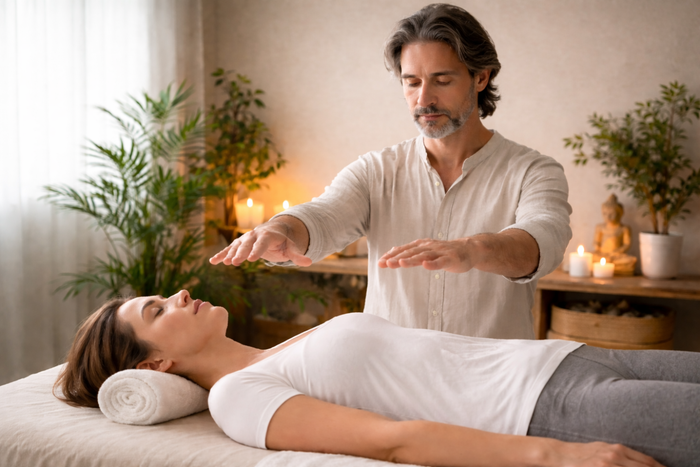 Man places his hands over the woman.