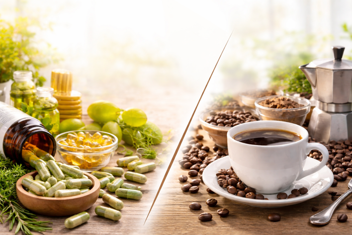 Split image showing herbal capsules and fish oil on one side and a cup of black coffee with beans on the other.