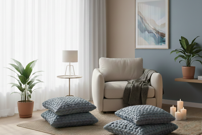 a living room with a chair and two pillows.