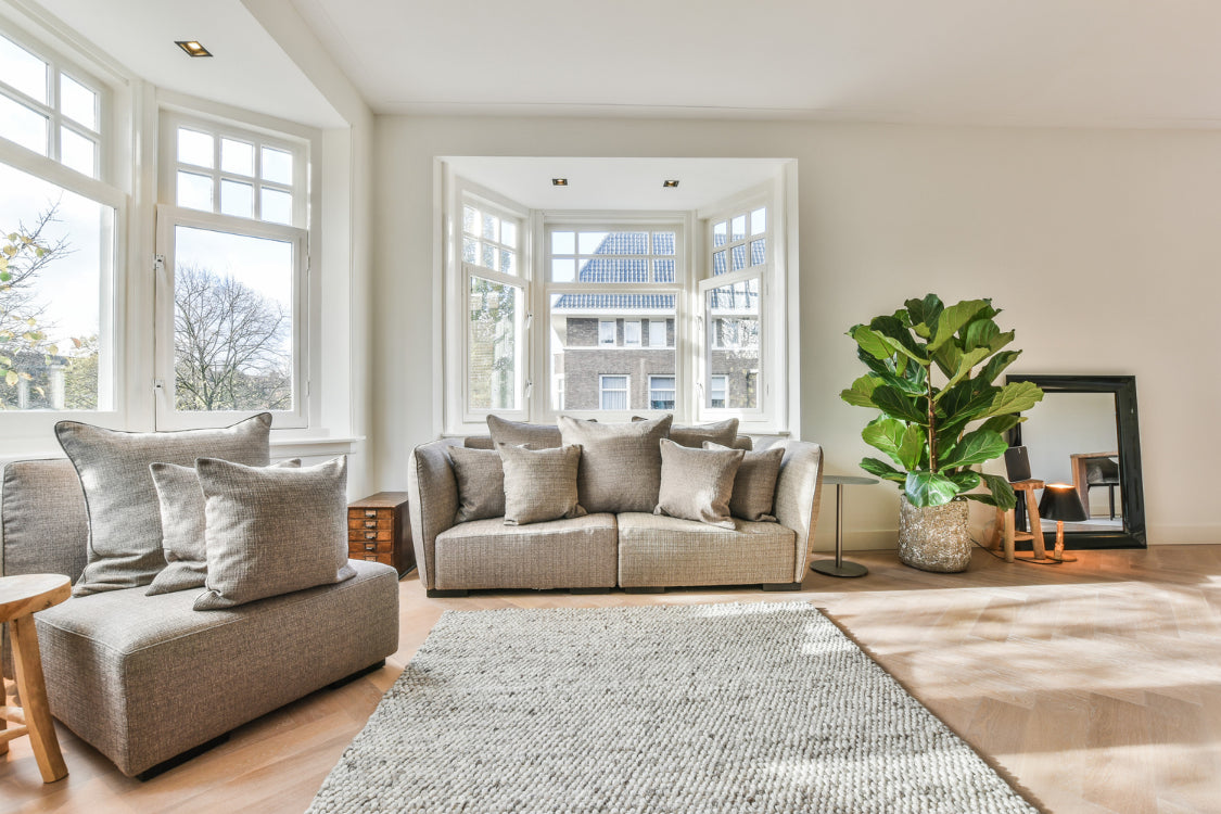 Bright living room with neutral colors and plants showing how to create a relaxing home environment.
