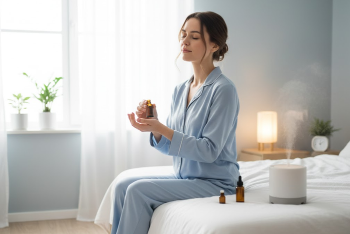 Woman applying essential oils for sleep in a calm bedroom setting.