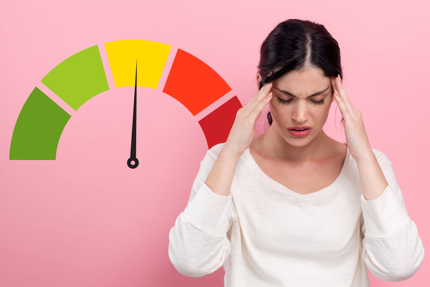 Woman holding her temples beside a five-level stress gauge, illustrating rising stress from calm to overload.