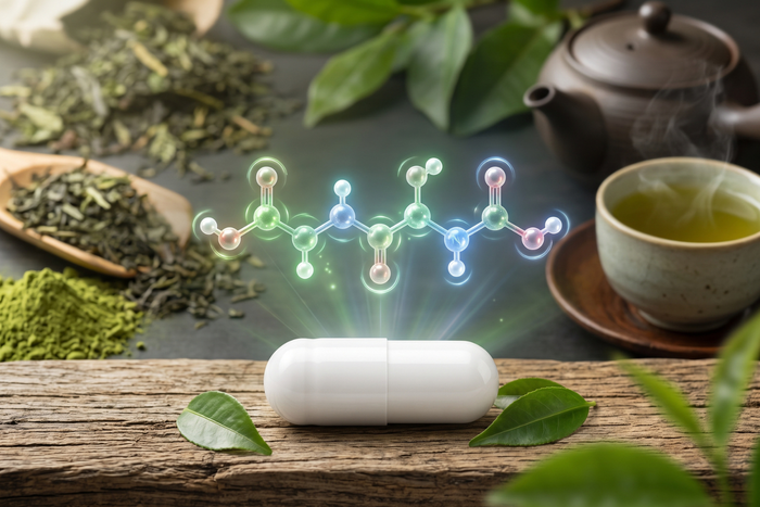 L-theanine capsule with green tea and molecular structure