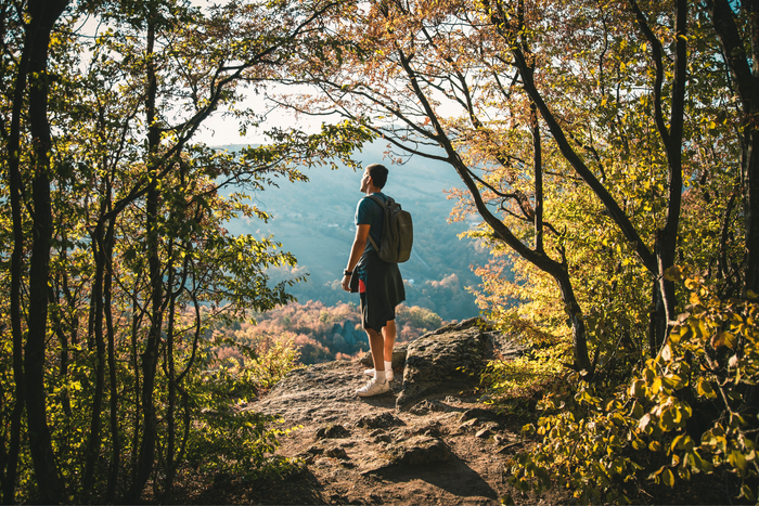 Man walking in nature and looking at breathtaking sights.