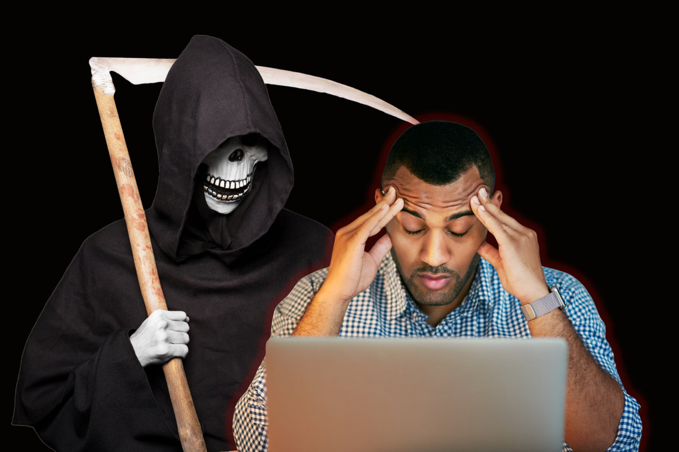 Stressed man at a laptop with a grim reaper symbolizing stress and heart risk.