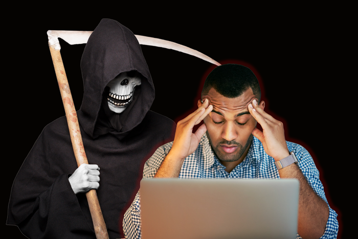Stressed man at a laptop with a grim reaper symbolizing stress and heart risk.