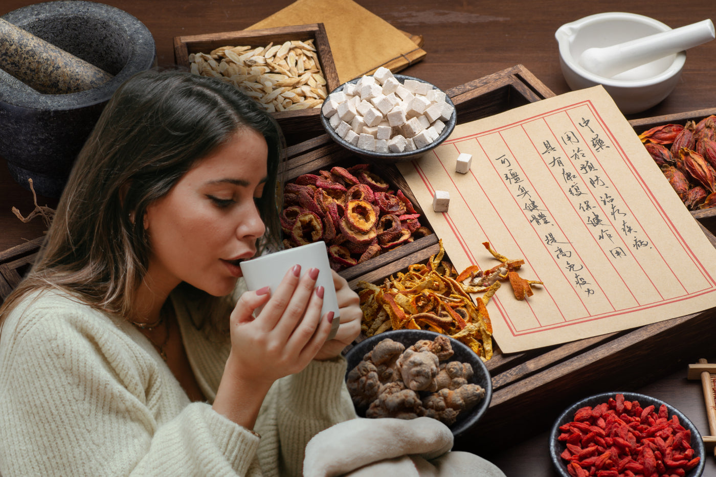 Woman sipping herbal tea beside trays of dried Chinese herbs used for anxiety, including goji berries, jujube, and citrus peel