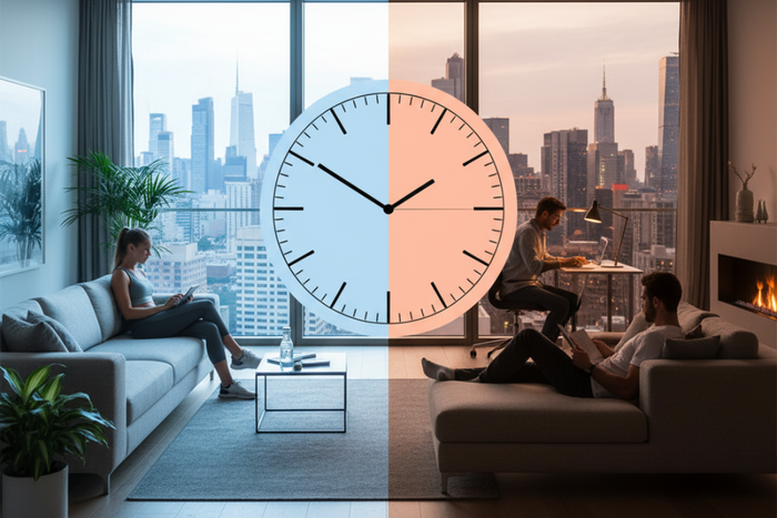 Living room with large clock showing circadian lighting effect from day to night