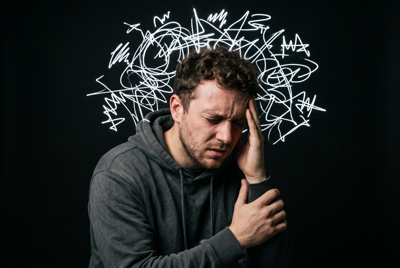 Overwhelmed man holding his head while experiencing intense anxiety and mental distress.