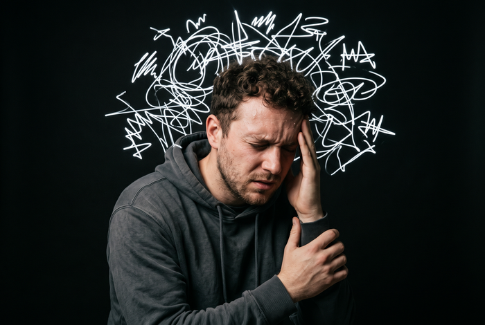 Overwhelmed man holding his head while experiencing intense anxiety and mental distress.