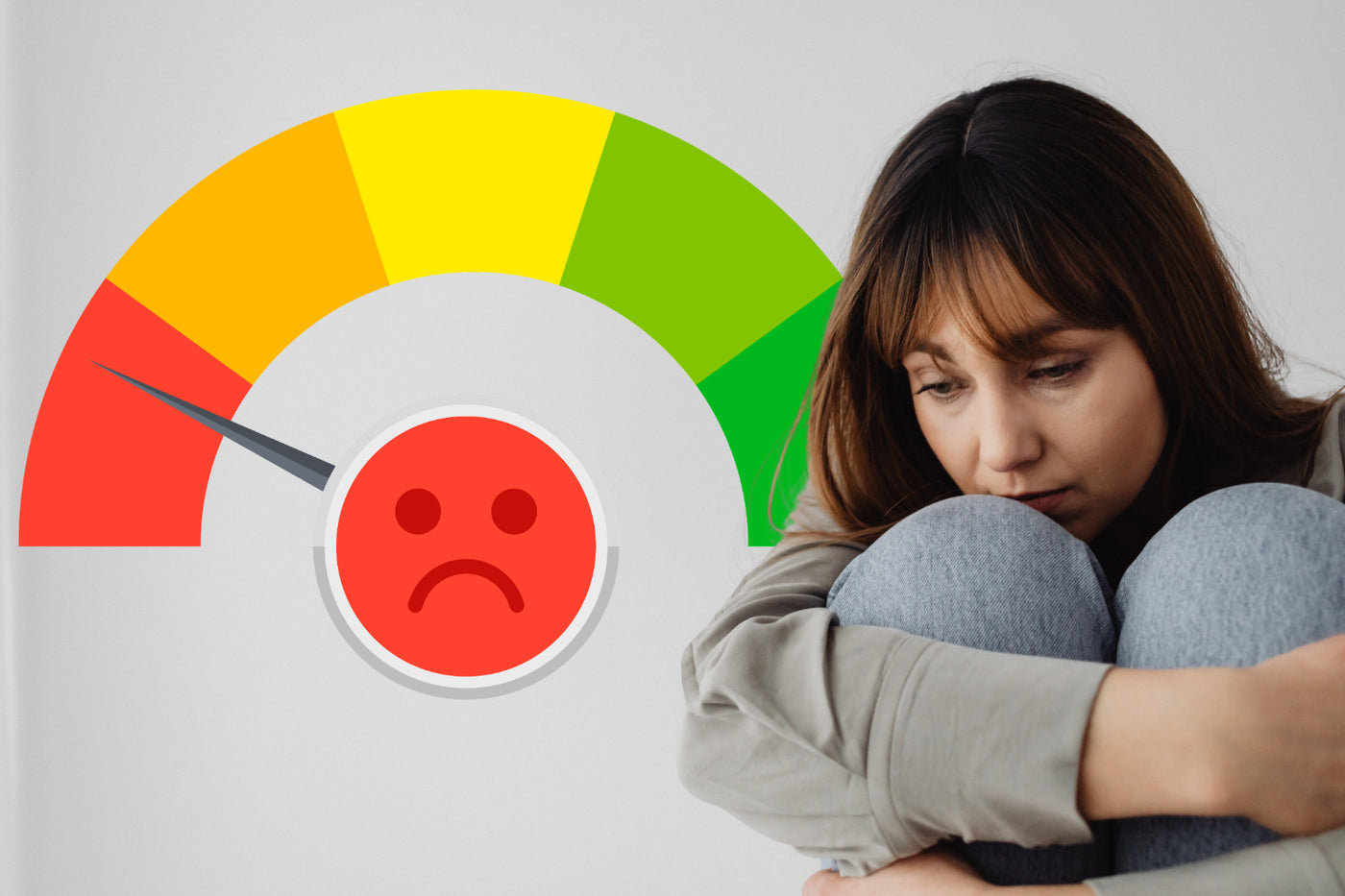 Woman looking overwhelmed beside an emotional intensity gauge, illustrating common reasons for feeling highly emotional.