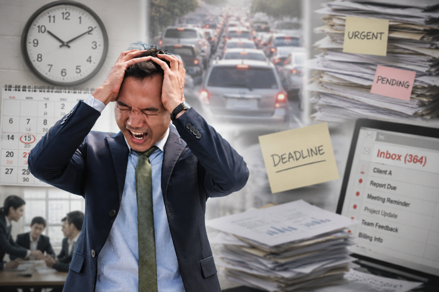 Stressed businessman clutching his head in front of a collage of stress symbols, including a clock, calendar, traffic jam, paperwork, deadline note, and overflowing inbox.