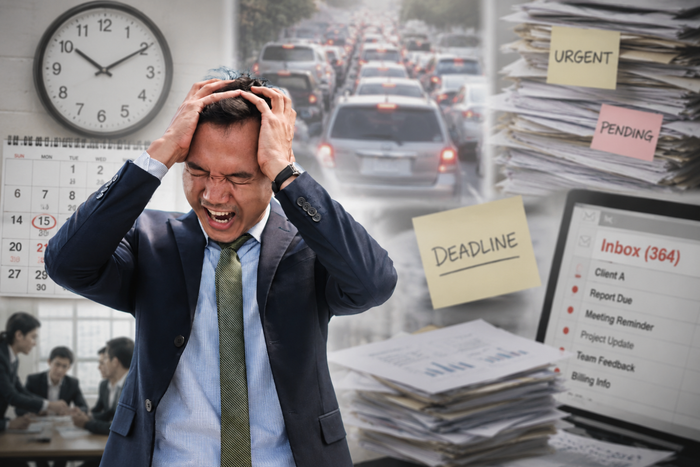 Stressed businessman clutching his head in front of a collage of stress symbols, including a clock, calendar, traffic jam, paperwork, deadline note, and overflowing inbox.
