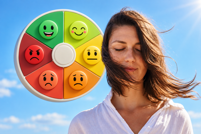 Woman beside a 3D emotion wheel representing changing moods.