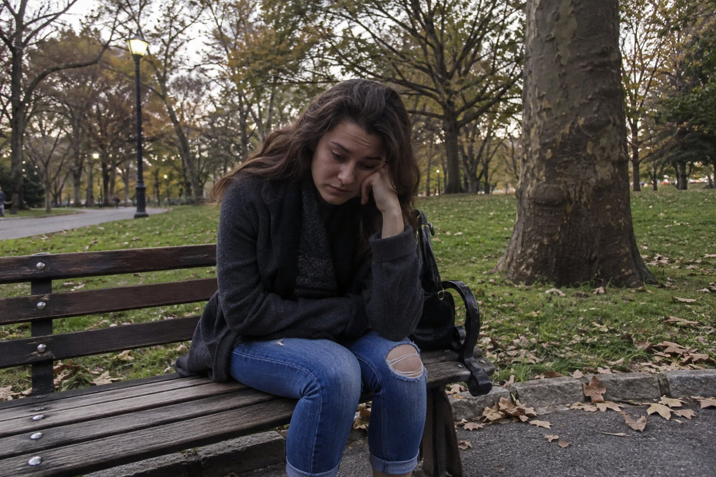 A person sits on a wooden park bench in a leaf-filled park, looking down with one hand near their face and a bag beside them, with trees and a paved path in the background.