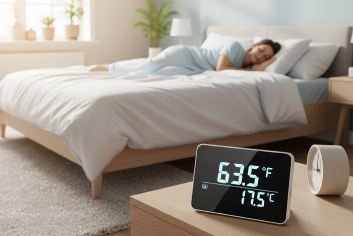 Woman sleeping comfortably in cool bedroom with digital thermometer showing best room temperature for sleeping.