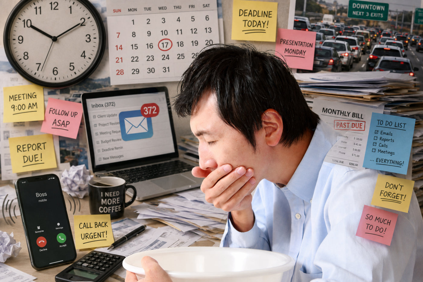 Man covering his mouth with a bowl in hand, surrounded by an anxious collage of stress triggers like a clock, calendar, traffic, overdue bills, urgent notes, and an overflowing inbox.