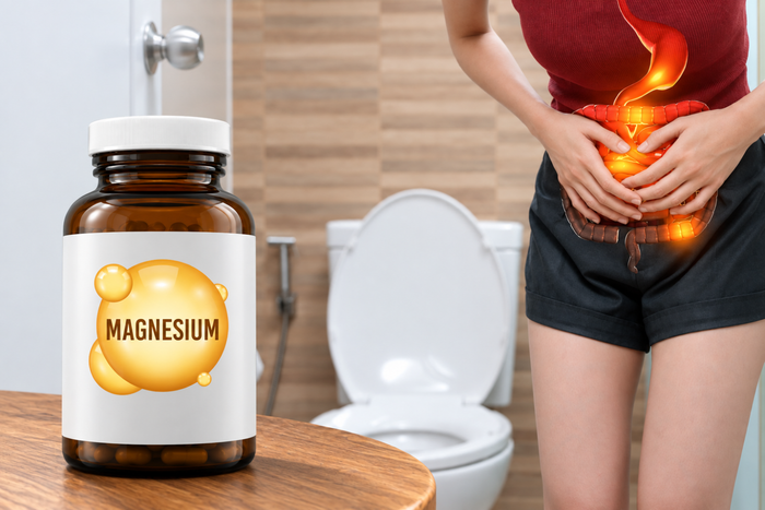 Magnesium supplement bottle beside a person with digestive discomfort, illustrating diarrhea as a possible magnesium side effect.