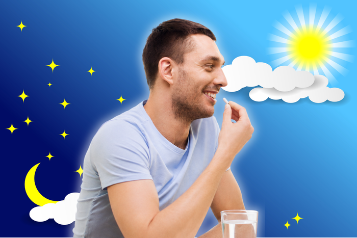 Person taking a pill with water against split day and night background, symbolizing morning vs. evening timing for mood‑boosting supplements