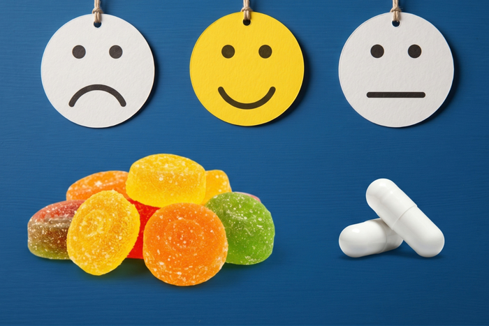 Paper cutout faces above gummies and capsules