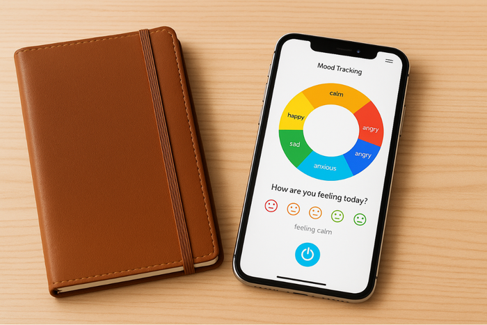 Daily mood tracking app on phone beside a journal