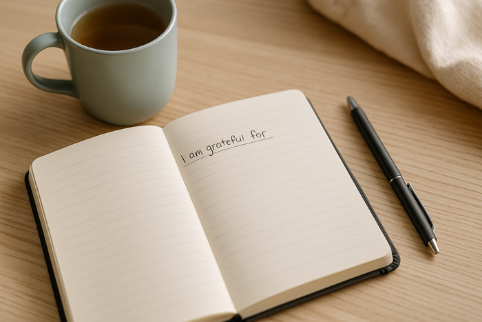 Open gratitude journal with tea cup and pen on wooden table
