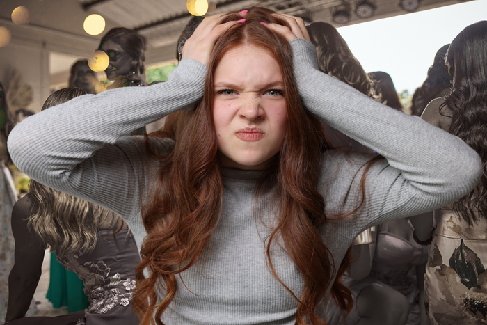 A stressed young woman with long wavy red hair holding her hands to her head in intense frustration against a blurred, busy background.