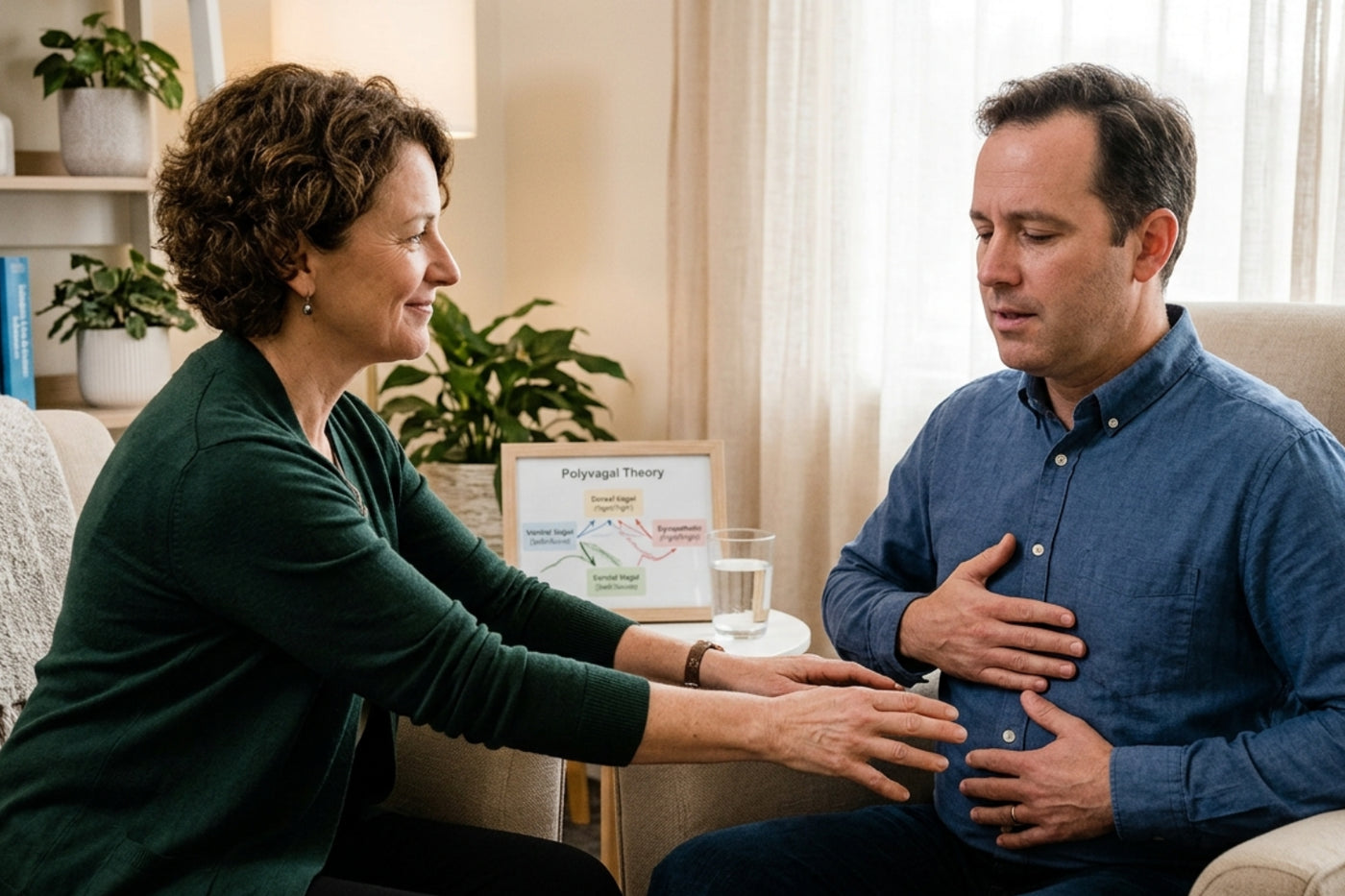A female therapist leans toward a male client who has his hands placed on his chest and abdomen, practicing a grounding and co-regulation technique in a calm, sunlit office.