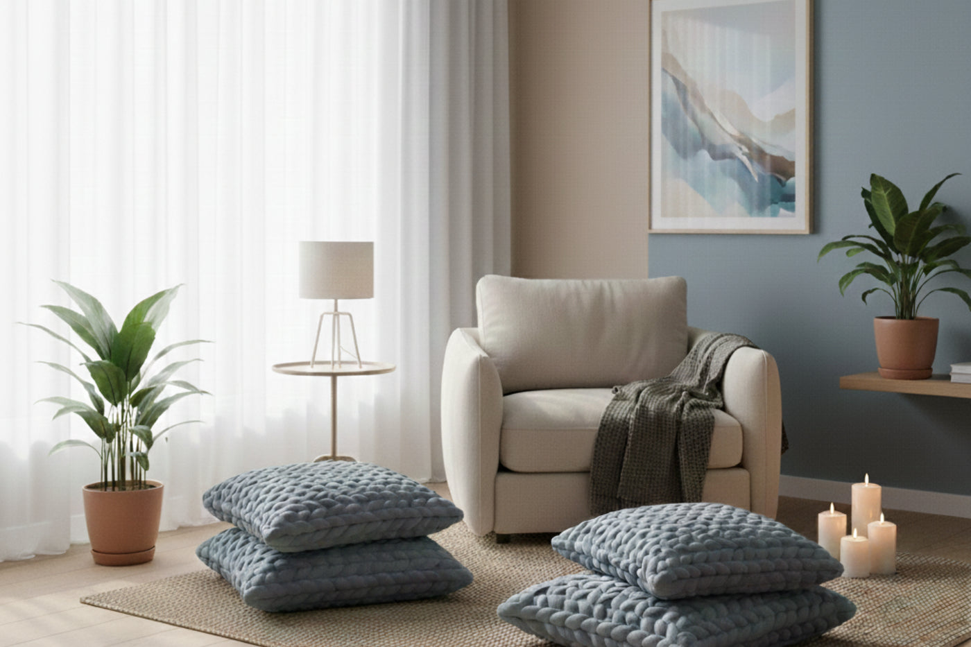 a living room with a chair and two pillows.
