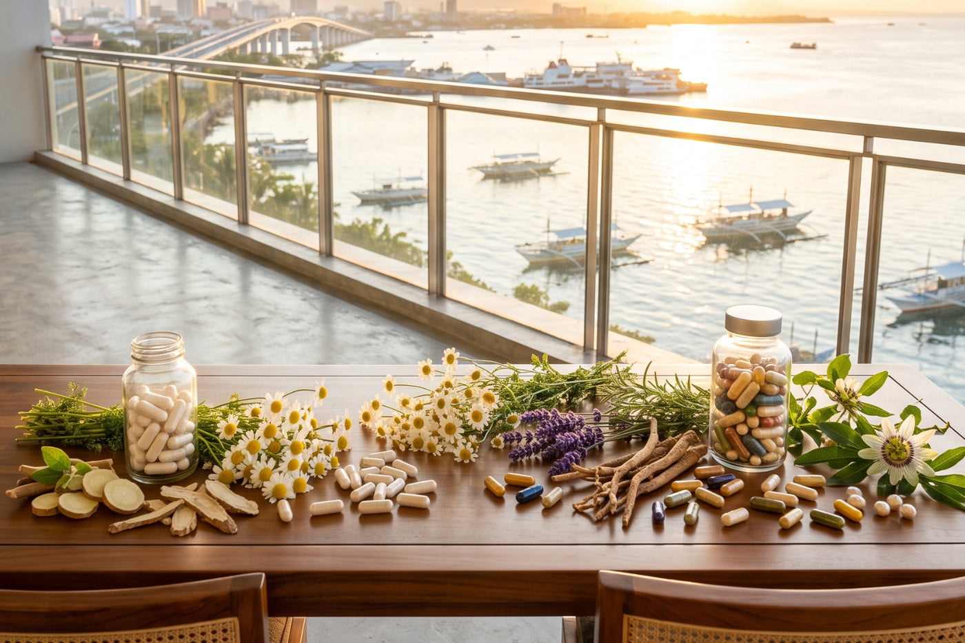 Stress-relief supplement blends and single ingredients on a table