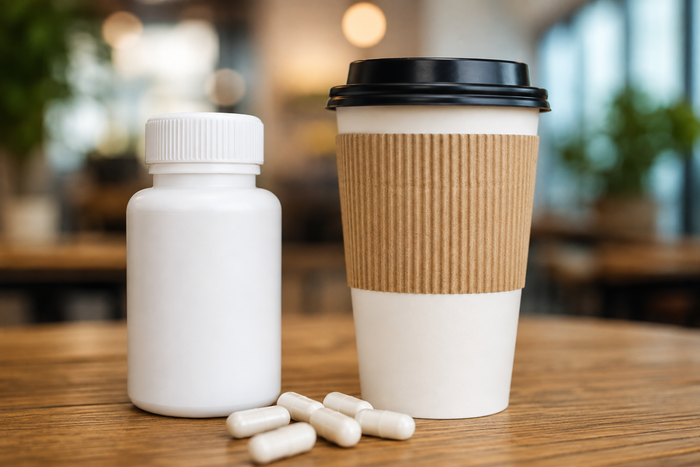 White supplement bottle and capsules beside a cup of coffee, illustrating considerations when combining stress relief supplements with caffeine.