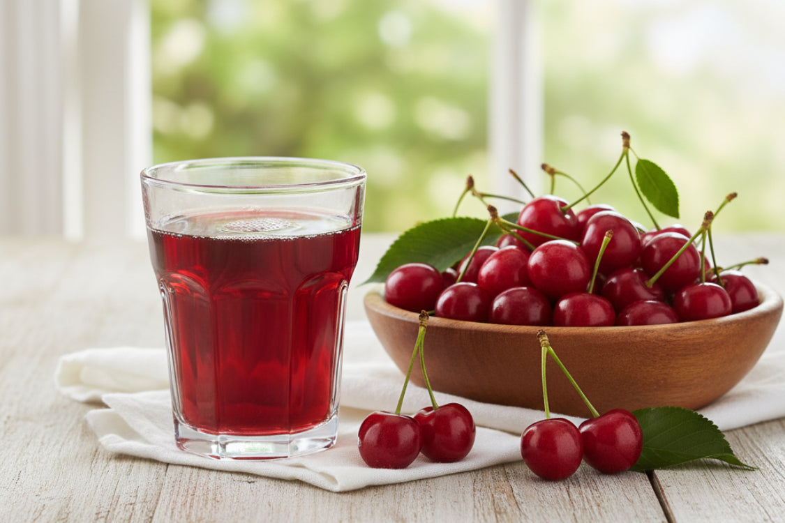Glass of tart cherry juice beside fresh cherries in bowl
